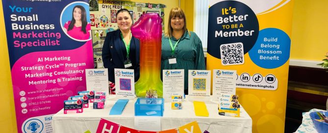 Tracy Heatley and Sarah Spedding, from Better Networking Hubs, celebrating their first business birthday, at the Rossendale Means Business Expo 2025