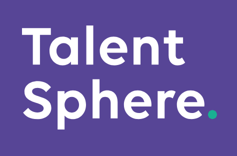 Talent Sphere logo with white writing on a purple background and a green full stop at the end of the name